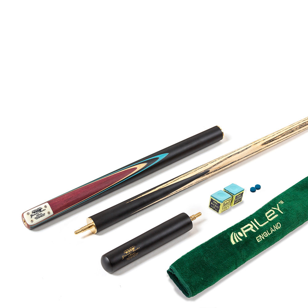BCE 3 Piece Grand Master Snooker Cue and Hard Case 3/4 Cut- Layered Ebonised Black Wood Butt - 9.5mm Tip - 145cm - Black/Natural/ Blue