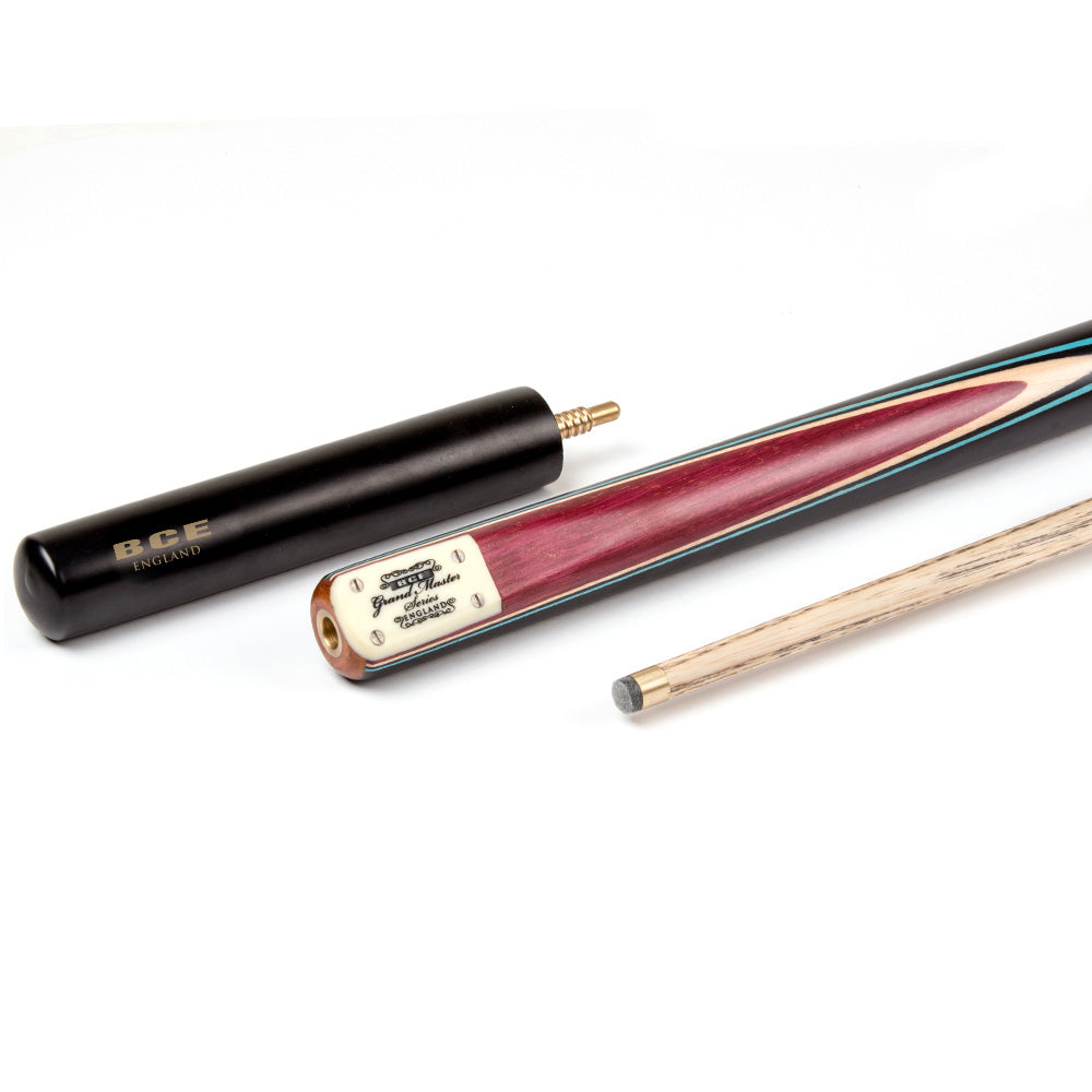 BCE 3 Piece Grand Master Snooker Cue and Hard Case 3/4 Cut- Layered Ebonised Black Wood Butt - 9.5mm Tip - 145cm - Black/Natural/ Blue