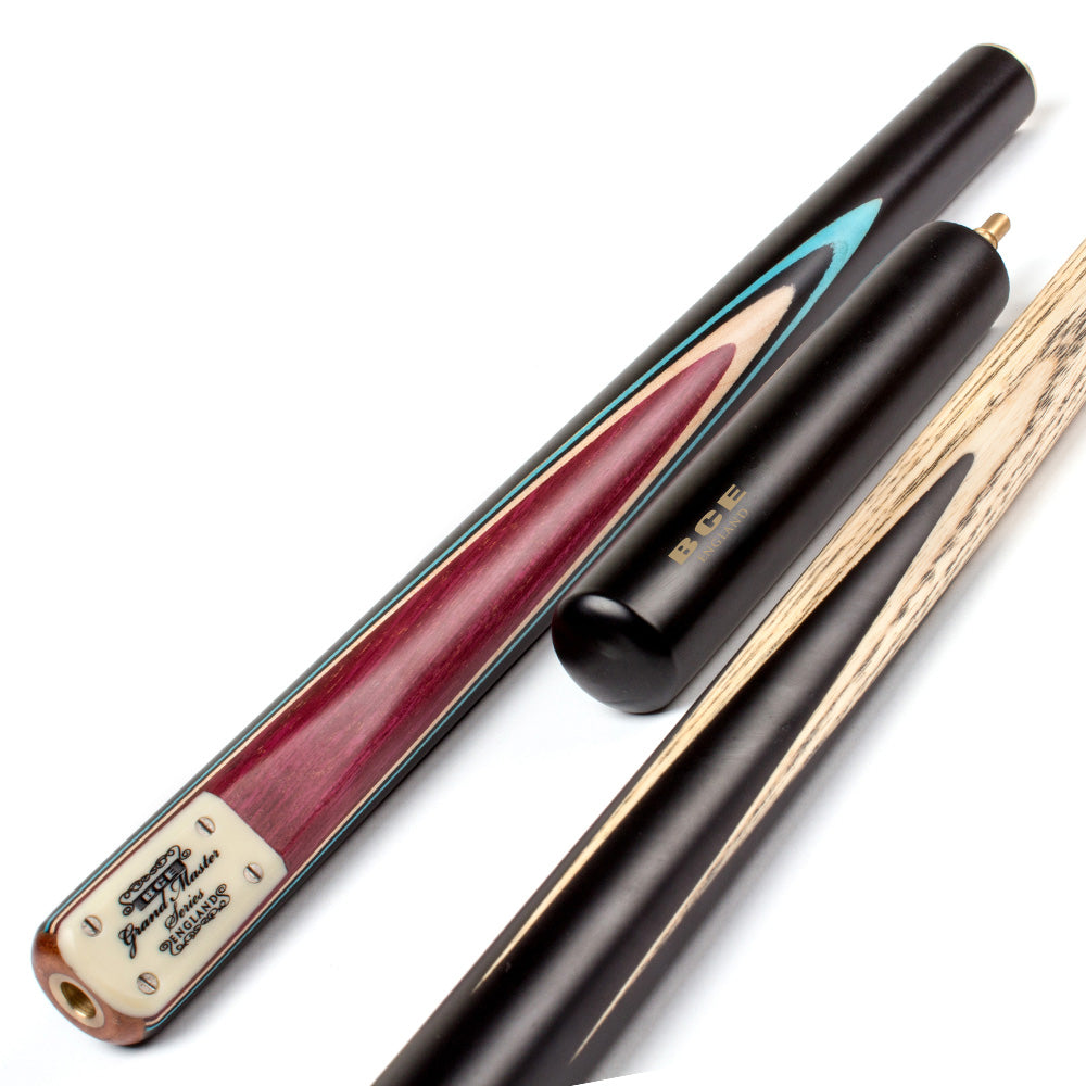 BCE 3 Piece Grand Master Snooker Cue and Hard Case 3/4 Cut- Layered Ebonised Black Wood Butt - 9.5mm Tip - 145cm - Black/Natural/ Blue