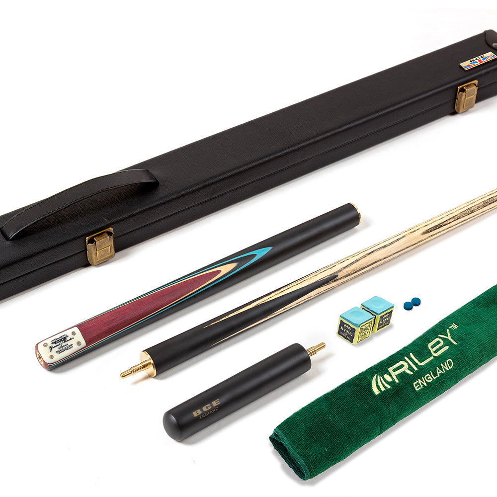 BCE 3 Piece Grand Master Snooker Cue - 3/4 Cut Cue - Layered Ebonised Black Wood Butt - 9.5mm Tip - 145cm - Black/Natural/ Blue