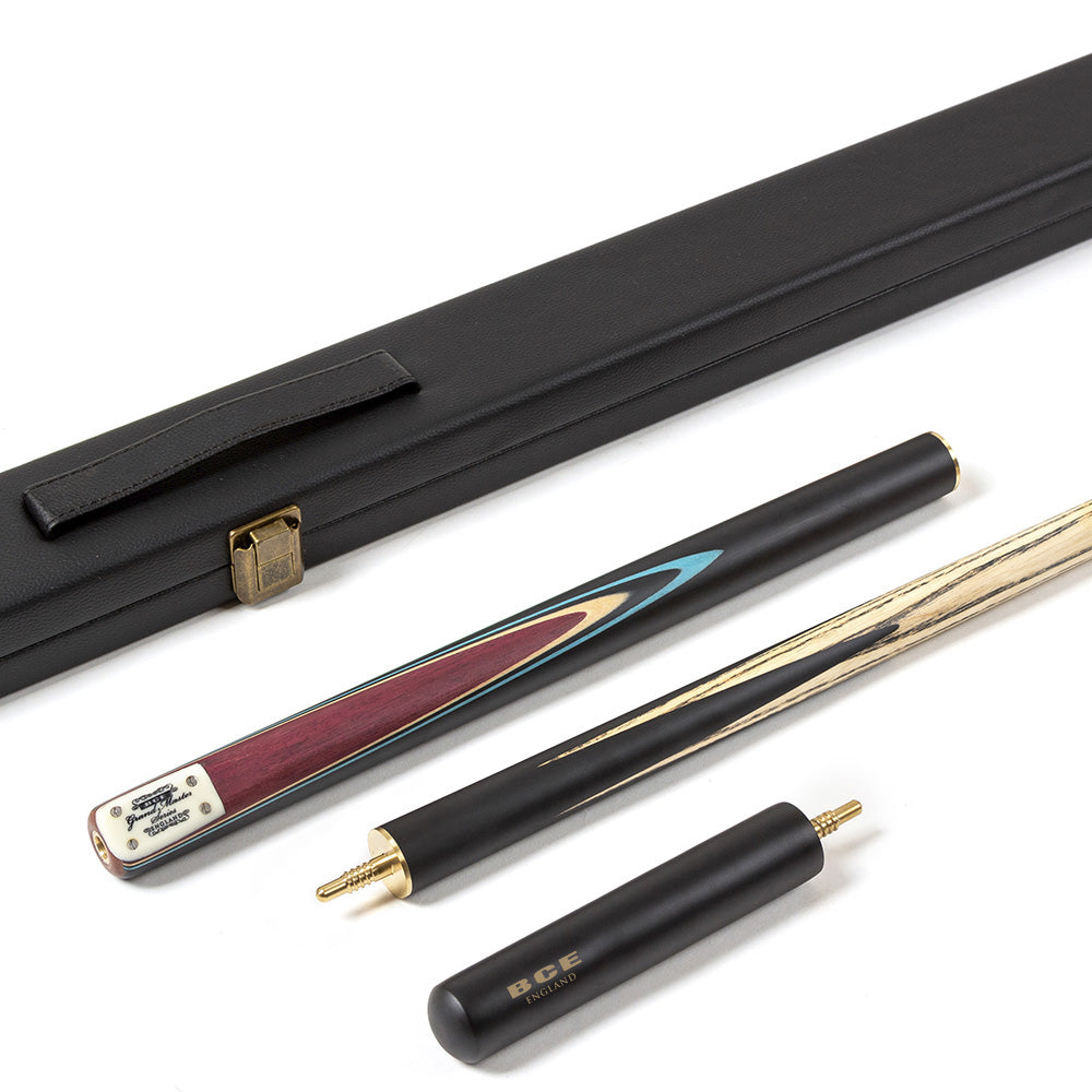 BCE 3 Piece Grand Master Snooker Cue and Hard Case 3/4 Cut- Layered Ebonised Black Wood Butt - 9.5mm Tip - 145cm - Black/Natural/ Blue