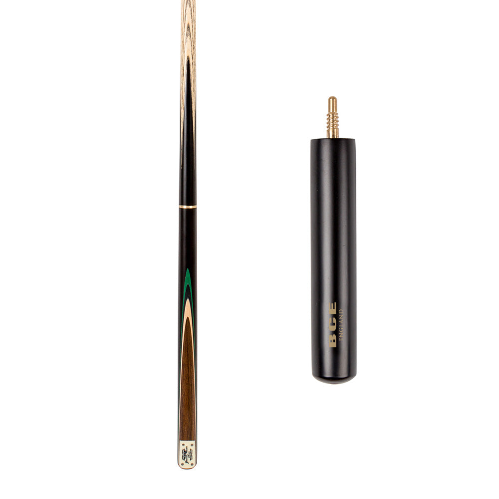 BCE 3 Piece Grand Master Snooker Cue and Hard Case 3/4 Cut- Layered Ebonised Black Wood Butt - 9.5mm Tip - 145cm - Black/Natural/ Green