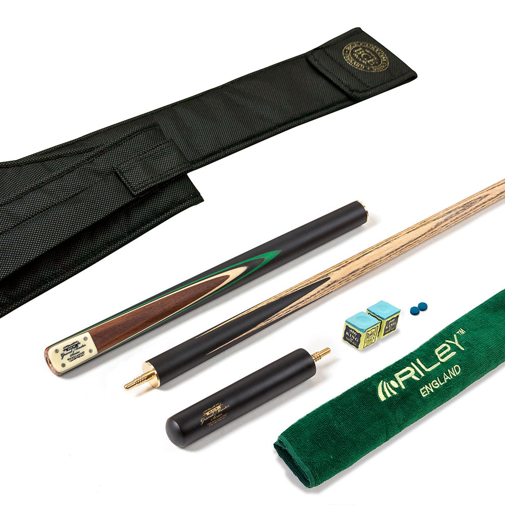 BCE 3 Piece Grand Master Snooker Cue and Hard Case 3/4 Cut- Layered Ebonised Black Wood Butt - 9.5mm Tip - 145cm - Black/Natural/ Green