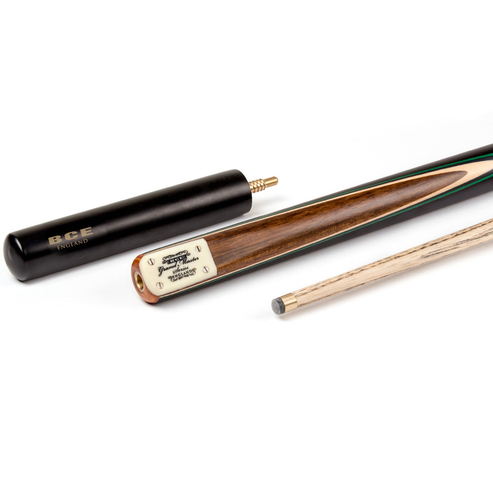 BCE 3 Piece Grand Master Snooker Cue and Hard Case 3/4 Cut- Layered Ebonised Black Wood Butt - 9.5mm Tip - 145cm - Black/Natural/ Green