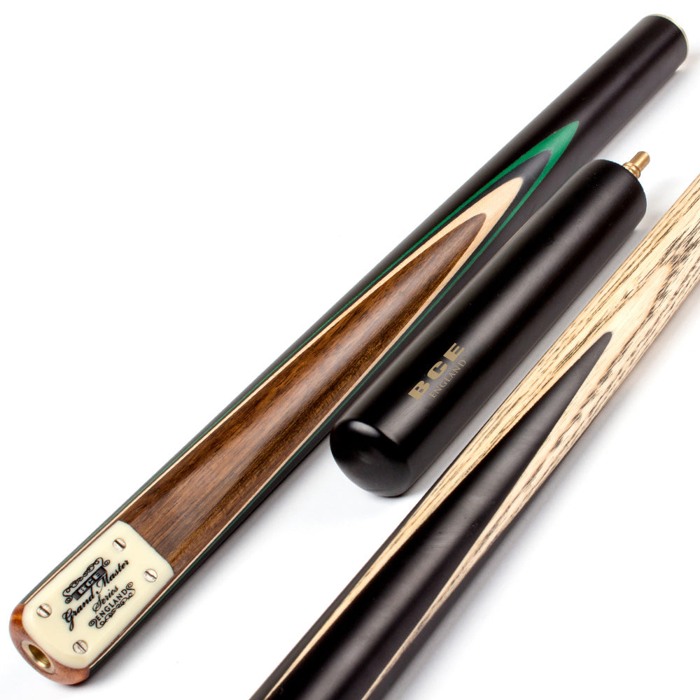 BCE 3 Piece Grand Master Snooker Cue and Hard Case 3/4 Cut- Layered Ebonised Black Wood Butt - 9.5mm Tip - 145cm - Black/Natural/ Green