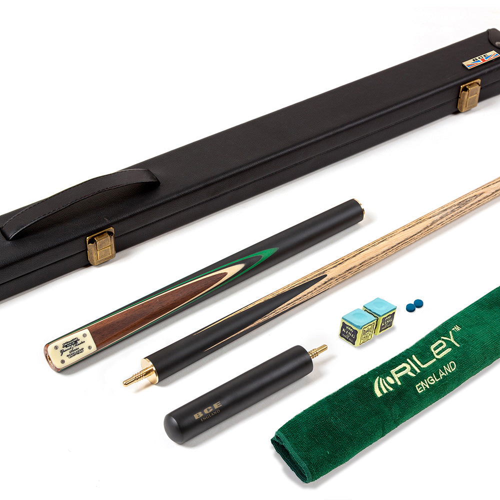 BCE 3 Piece Grand Master Snooker Cue and Hard Case 3/4 Cut- Layered Ebonised Black Wood Butt - 9.5mm Tip - 145cm - Black/Natural/ Green