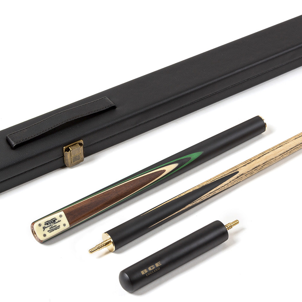 BCE 3 Piece Grand Master Snooker Cue and Hard Case 3/4 Cut- Layered Ebonised Black Wood Butt - 9.5mm Tip - 145cm - Black/Natural/ Green