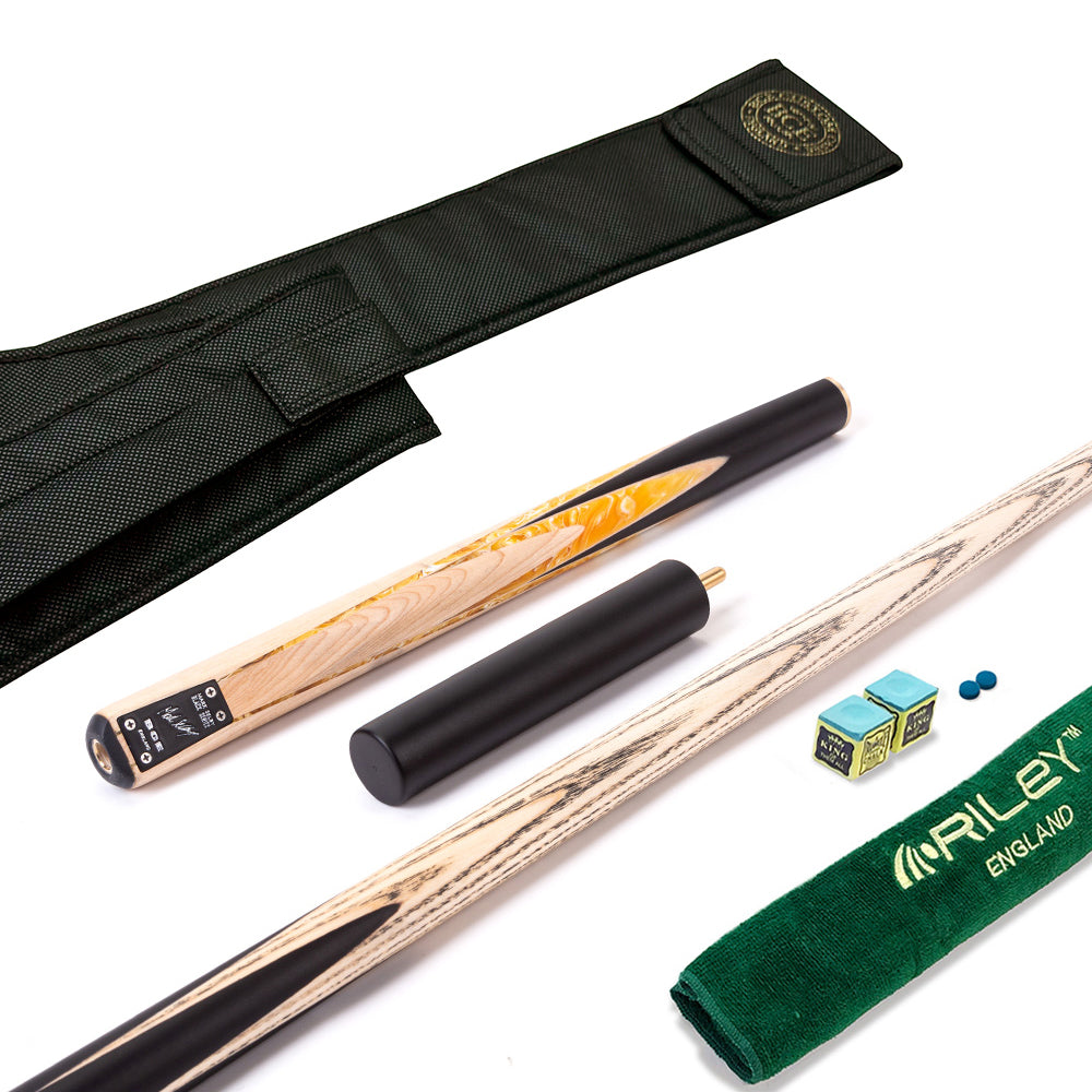 BCE Black Series - Mark Selby - 3 Piece Snooker Cue and Hard Case - 3/4 Cut Cue - Ebony Butt- 9.5mm Tip - 145cm - Black/ Yellow and White Marbleised Resin / Natural Wood