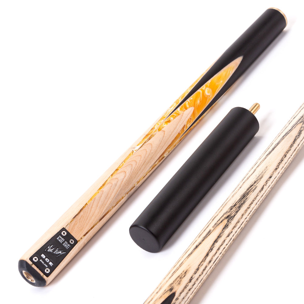 BCE Black Series - Mark Selby - 3 Piece Snooker Cue and Hard Case - 3/4 Cut Cue - Ebony Butt- 9.5mm Tip - 145cm - Black/ Yellow and White Marbleised Resin / Natural Wood