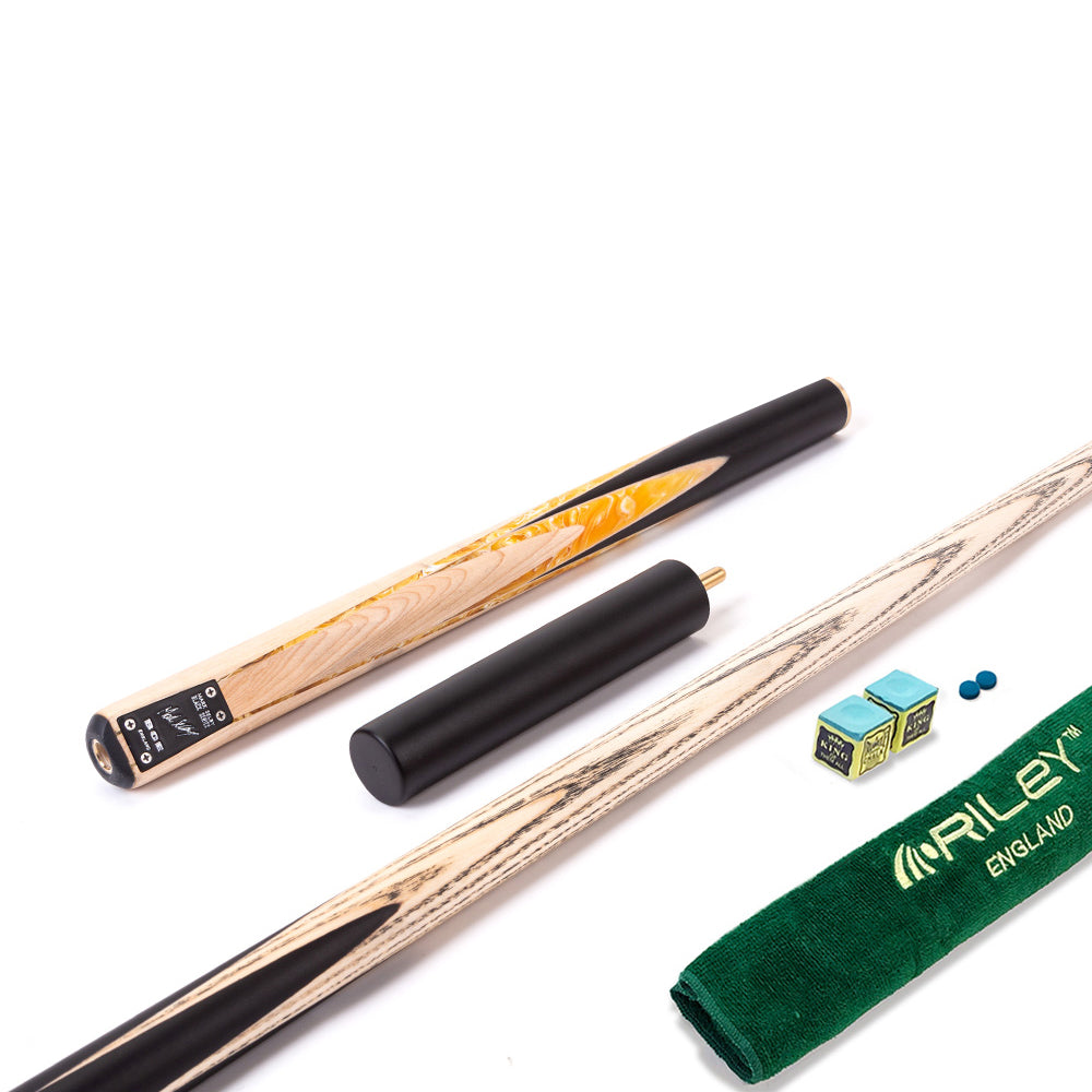 BCE Black Series - Mark Selby - 3 Piece Snooker Cue and Hard Case - 3/4 Cut Cue - Ebony Butt- 9.5mm Tip - 145cm - Black/ Yellow and White Marbleised Resin / Natural Wood