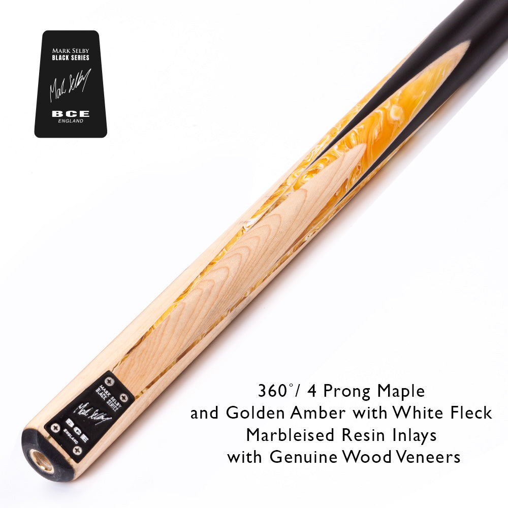 BCE Black Series - Mark Selby - 3 Piece Snooker Cue and Hard Case - 3/4 Cut Cue - Ebony Butt- 9.5mm Tip - 145cm - Black/ Yellow and White Marbleised Resin / Natural Wood