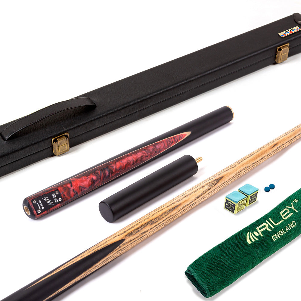 BCE Black Series - 3 Piece Snooker Cue - 3/4 Cut Cue - Layered Ebonised Black Wood Butt - 9.5mm Tip - 145cm - Black/ Red and Black Marbleised Resin