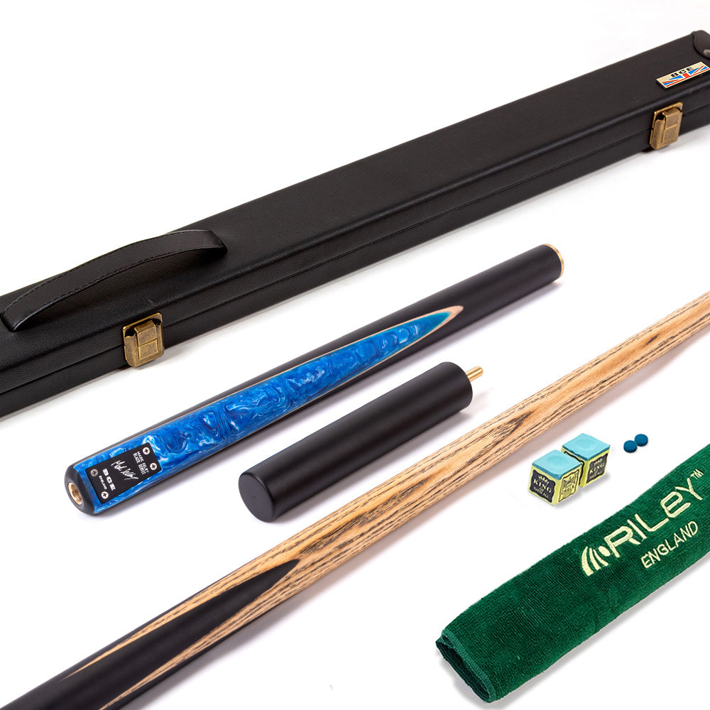 BCE Black Series - 3 Piece Snooker Cue - 3/4 Cut Cue - Layered Ebonised Black Wood Butt - 9.5mm Tip - 145cm - Black/ Blue and White Marbleised Resin
