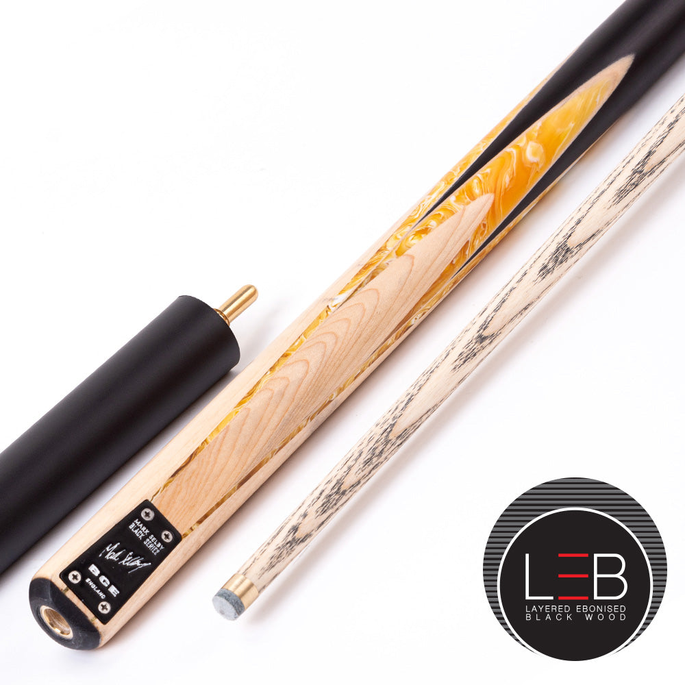 BCE Black Series - Mark Selby - 3 Piece Snooker Cue and Hard Case - 3/4 Cut Cue - Ebony Butt- 9.5mm Tip - 145cm - Black/ Yellow and White Marbleised Resin / Natural Wood