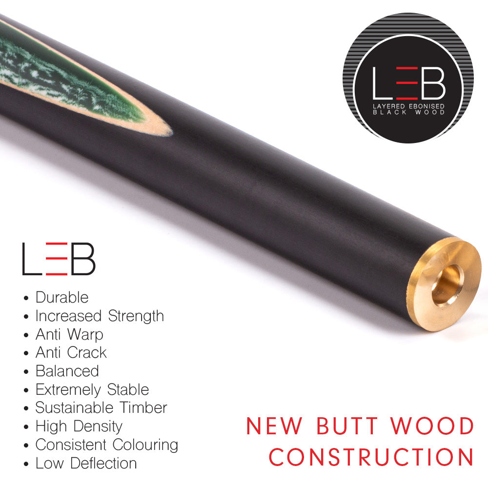 BCE Black Series - Mark Selby - 3 Piece Snooker Cue and Hard Case - 3/4 Cut Cue - Ebony Butt- 9.5mm Tip - 145cm - Black/ Green and White Marbleised Resin