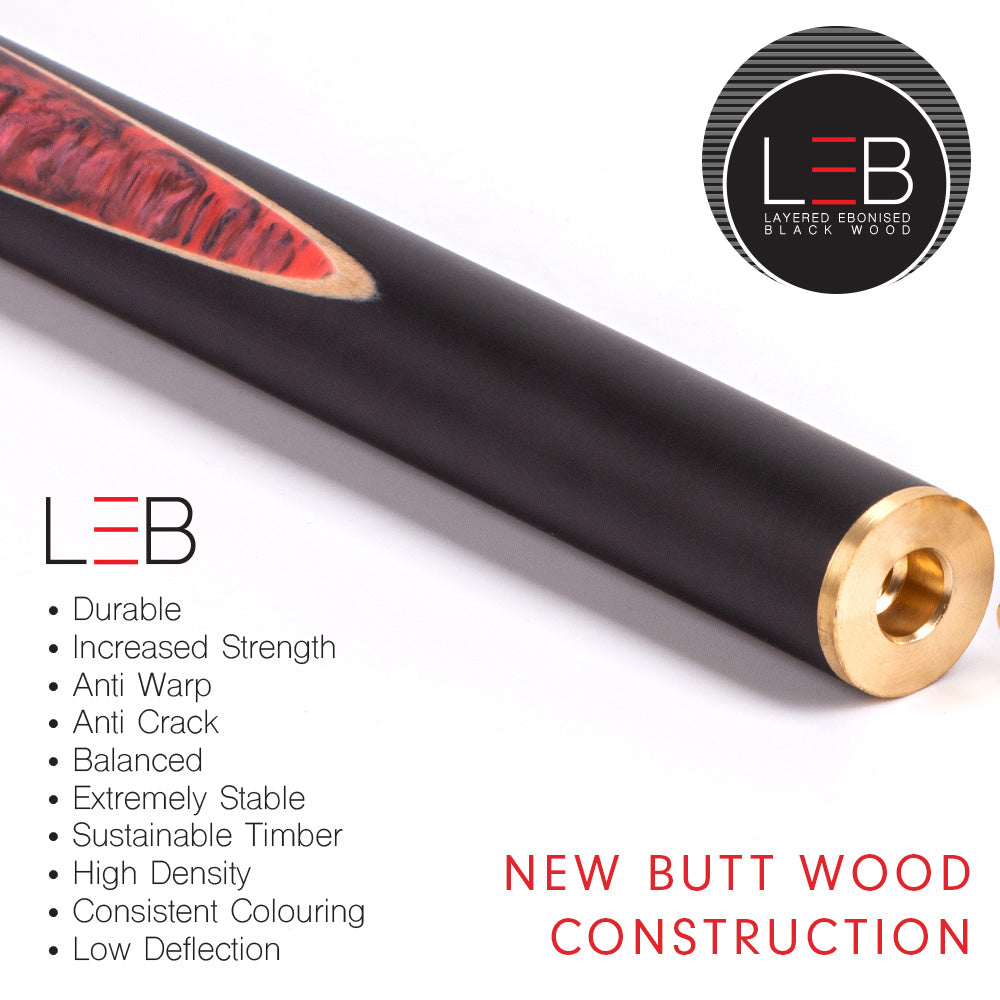 BCE Black Series - Mark Selby - 3 Piece Snooker Cue and Hard Case - 3/4 Cut Cue - Ebony Butt- 9.5mm Tip - 145cm - Black/ Red and Black Marbleised Resin
