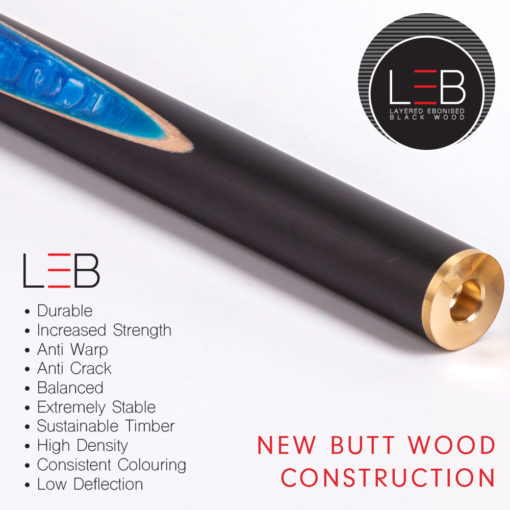 BCE Black Series - Mark Selby - 3 Piece Snooker Cue and Hard Case - 3/4 Cut Cue - Ebony Butt- 9.5mm Tip - 145cm - Black/ Blue and White Marbleised Resin