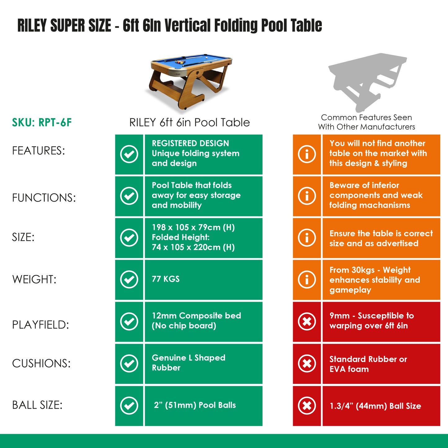Riley 6ft 6In Supersize Folding Pool Table - Beech Finish with Blue Cloth - Folds Vertically - Free Table Tennis Top