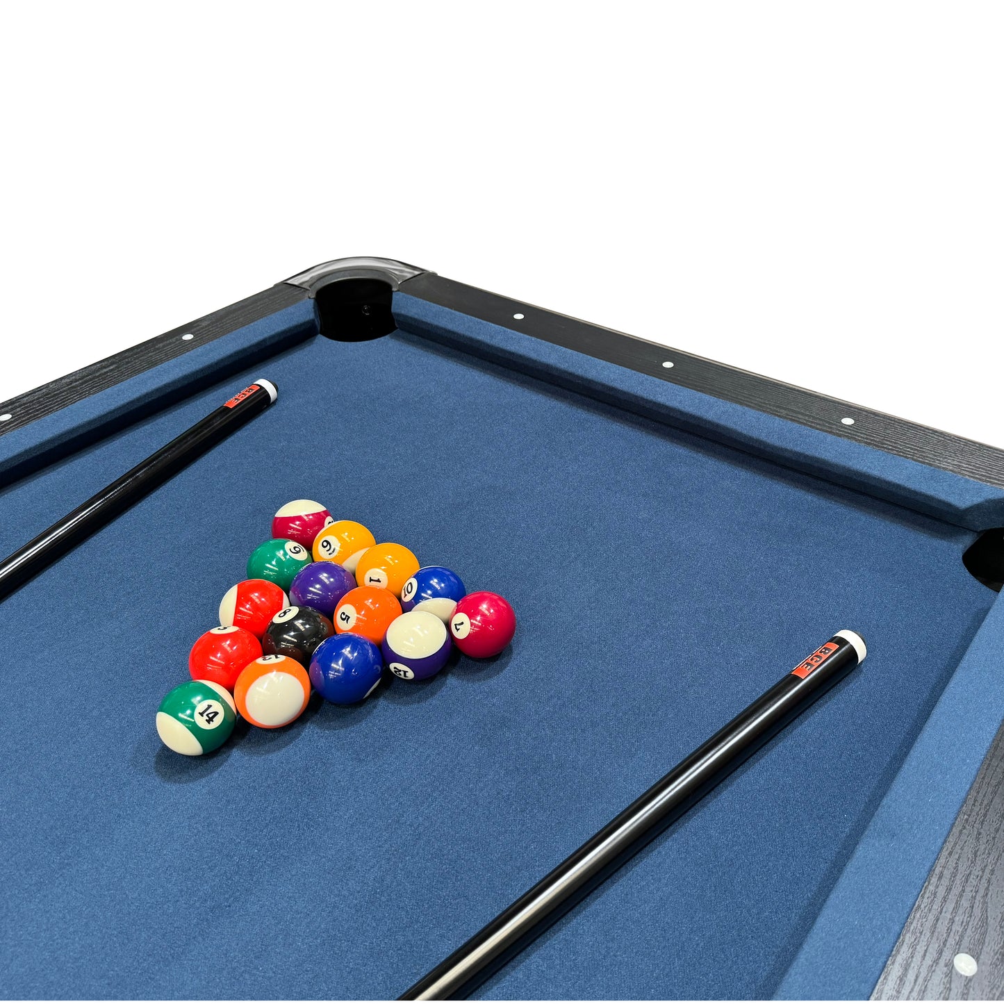 BCE 7ft Black Cat American Pool Table - Black/Wood Effect with Blue Cloth - Fixed Leg - Ball Return System
