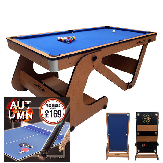 Riley 6ft Folding Pool Table with dartboard - Beech Finish with Blue Cloth - Folds Vertically - Free Table Tennis Top