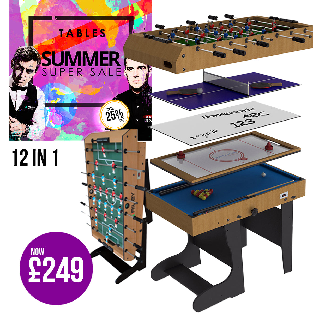 Riley 4ft 12 in 1 Multi Games Table - Natural Wood Finish/ Black Legs - Folds Vertically