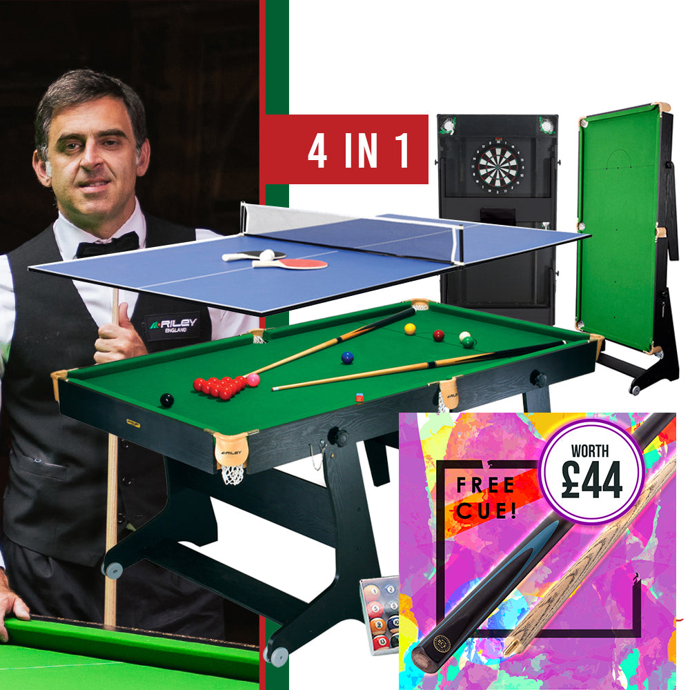 Riley 6ft 4 in 1 Folding Snooker Table - Snooker, Pool, Dartboard and Table Tennis Top - Black/Wood Effect with Green Cloth - Folds Vertically