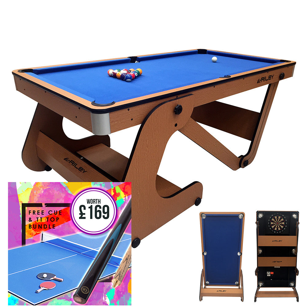 Riley 6ft Folding Pool Table with dartboard - Beech Finish with Blue Cloth - Folds Vertically - Free Table Tennis Top