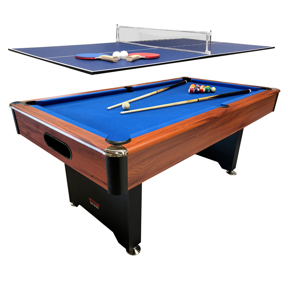 BCE 6ft 2 in 1 American Pool Table Luke Littler Darts Set and Table Tennis Top - Black/Wood Effect with Blue Cloth - Fixed Leg - Ball Return System (Copy)