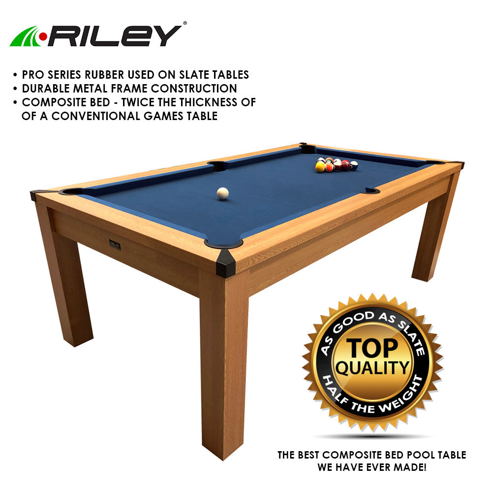 Riley 7ft Semi Pro American Pool Table - Oak with Blue Cloth - Metal Frame - Free Table Tennis/Dining Top