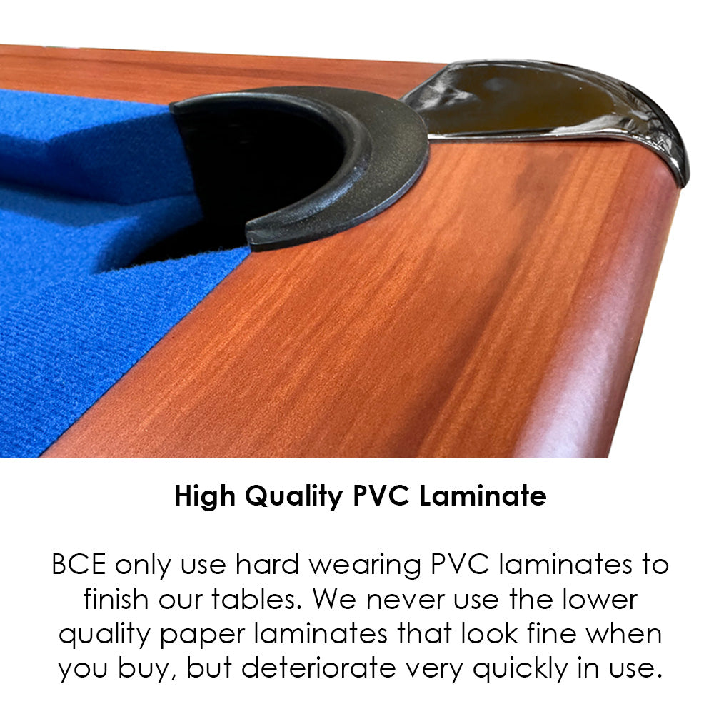 BCE 6ft American Pool Table - Black/Wood Effect with Blue Cloth - Fixed Leg - Ball Return System