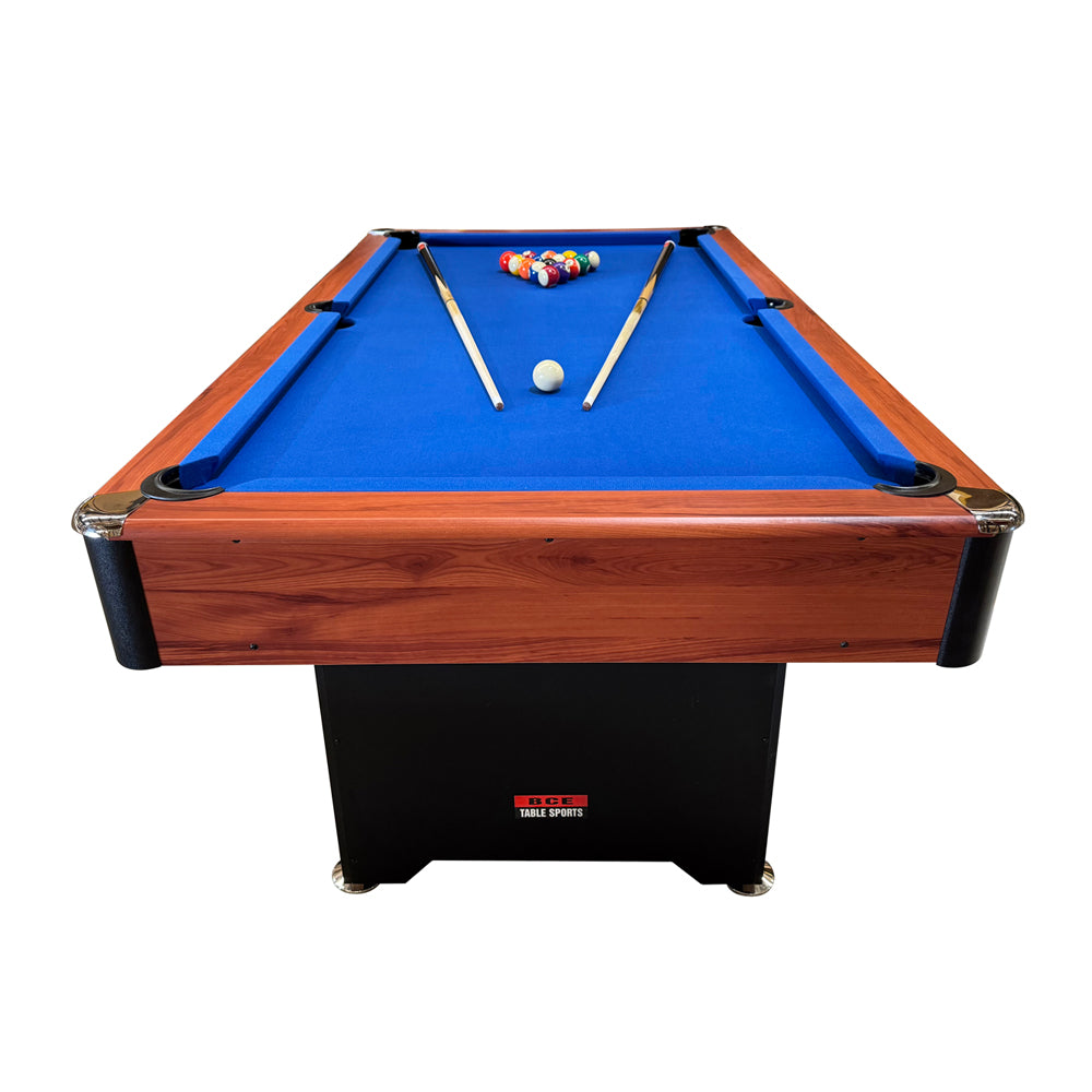 BCE 6ft American Pool Table - Black/Wood Effect with Blue Cloth - Fixed Leg - Ball Return System