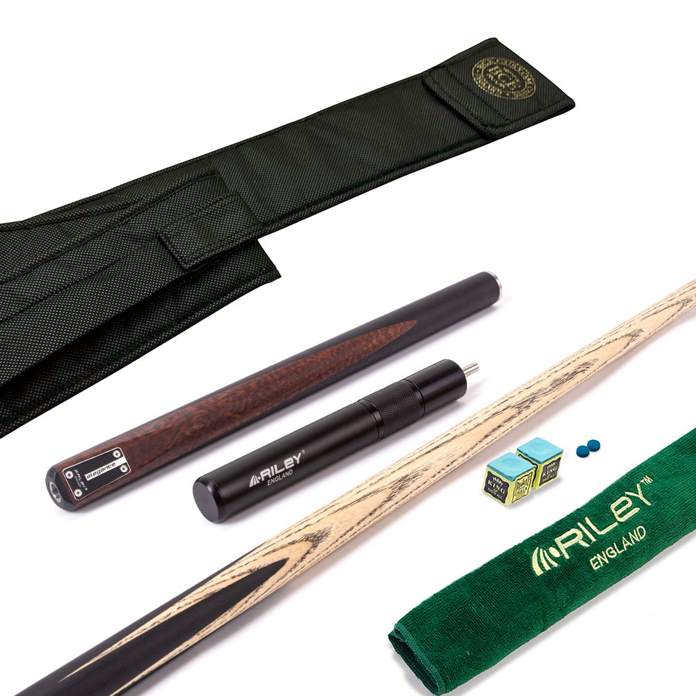 Riley Elegance - 3 Piece Snooker Cue and Hard Case 3/4 Cut- Ebony Butt- 9.5mm Laminated Tip - 145cm - Black/ Natural Snake Wood Front Splice