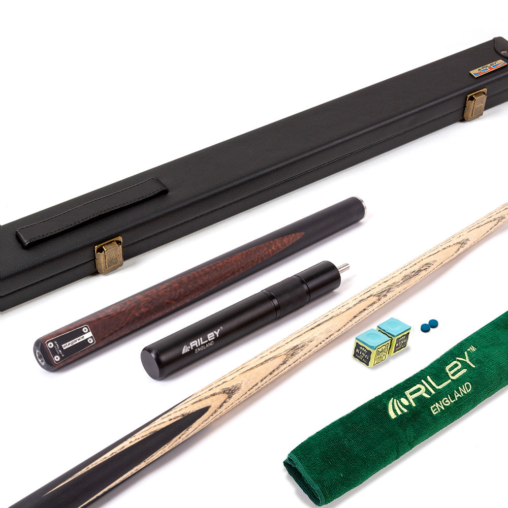Riley Elegance - 3 Piece Snooker Cue and Hard Case 3/4 Cut- Ebony Butt- 9.5mm Laminated Tip - 145cm - Black/ Natural Snake Wood Front Splice