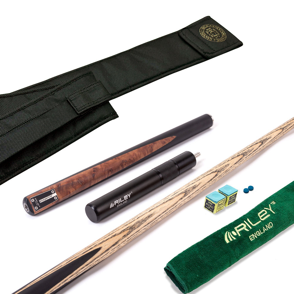 Riley Elegance - 3 Piece Snooker Cue - 3/4 Cut Cue - Layered Ebonised Black Wood Butt - 9.5mm Laminated Tip - 145cm - Black/ Natural Golden Madrone Burl Front Splice