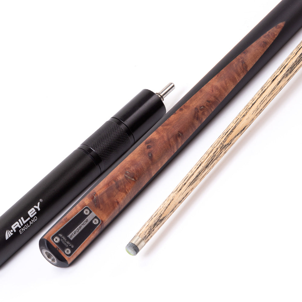Riley Elegance - 3 Piece Snooker Cue and Hard Case 3/4 Cut- Ebony Butt- 9.5mm Laminated Tip - 145cm - Black/ Natural Golden Madrone Burl Front Splice