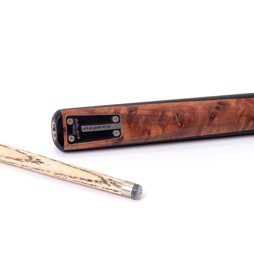 Riley Elegance - 3 Piece Snooker Cue and Hard Case 3/4 Cut- Ebony Butt- 9.5mm Laminated Tip - 145cm - Black/ Natural Golden Madrone Burl Front Splice