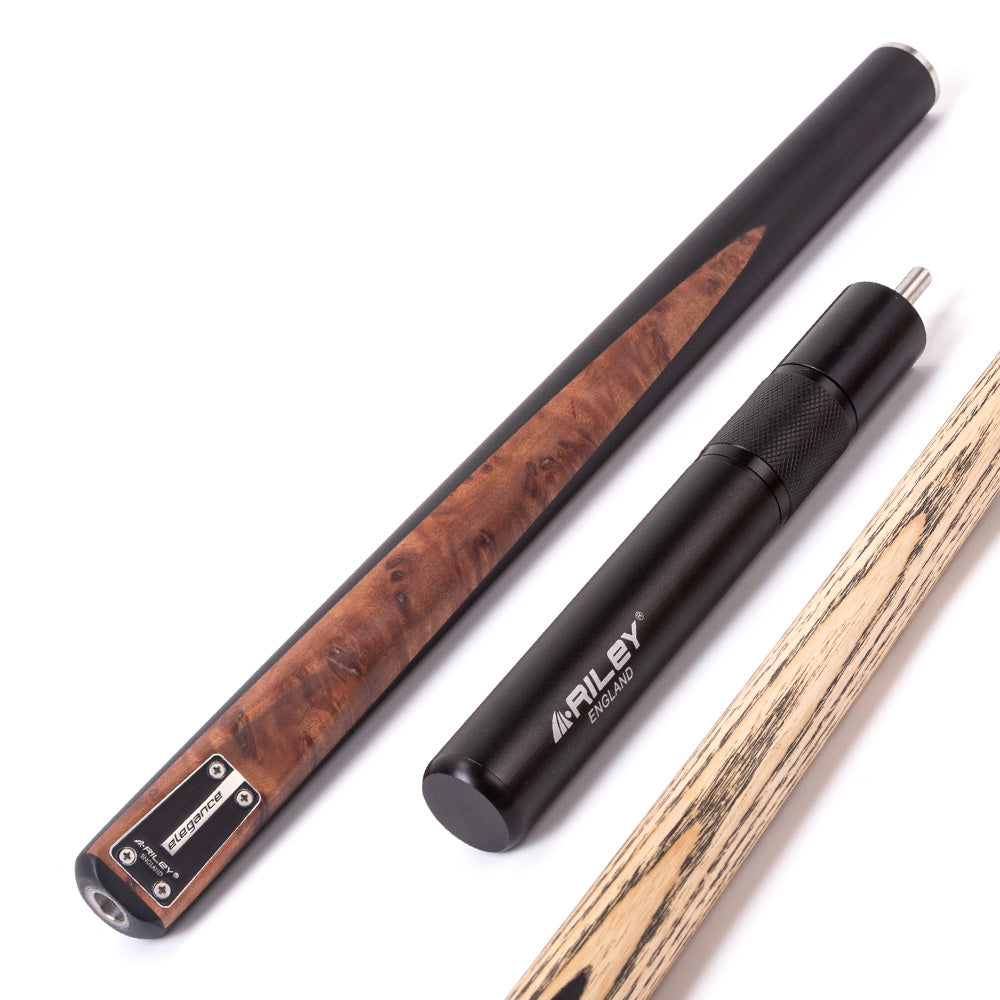 Riley Elegance - 3 Piece Snooker Cue and Hard Case 3/4 Cut- Ebony Butt- 9.5mm Laminated Tip - 145cm - Black/ Natural Golden Madrone Burl Front Splice