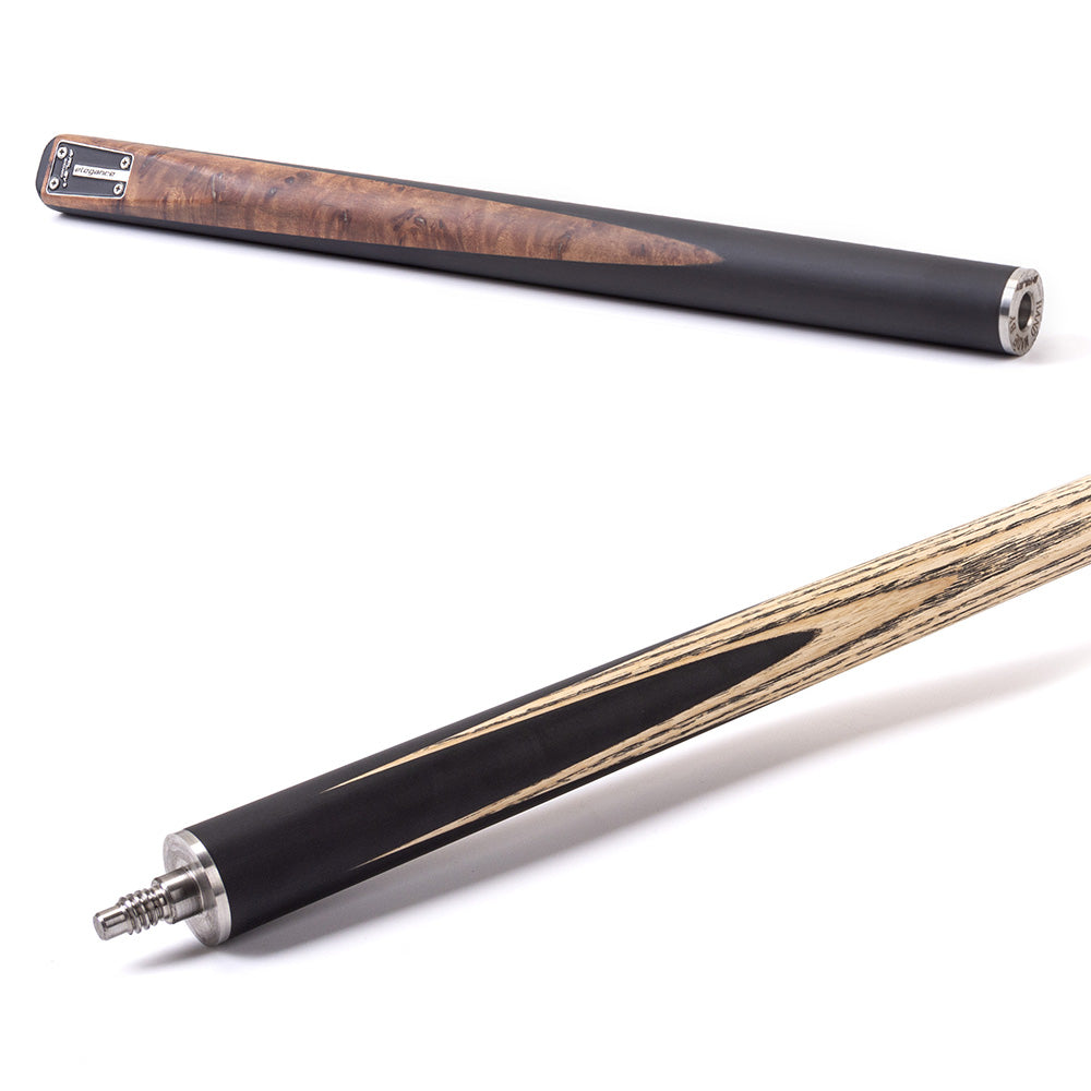 Riley Elegance - 3 Piece Snooker Cue and Hard Case 3/4 Cut- Ebony Butt- 9.5mm Laminated Tip - 145cm - Black/ Natural Golden Madrone Burl Front Splice