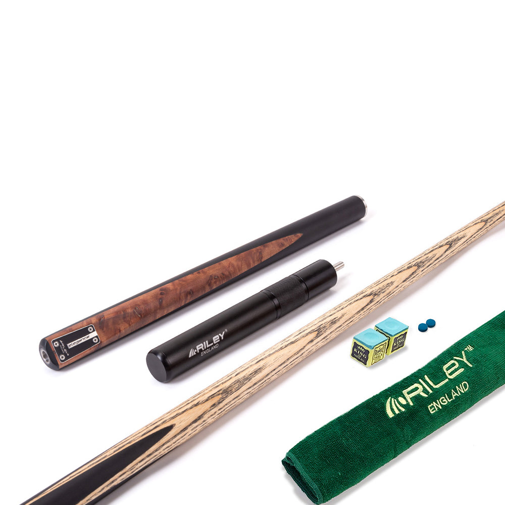Riley Elegance - 3 Piece Snooker Cue and Hard Case 3/4 Cut- Ebony Butt- 9.5mm Laminated Tip - 145cm - Black/ Natural Golden Madrone Burl Front Splice