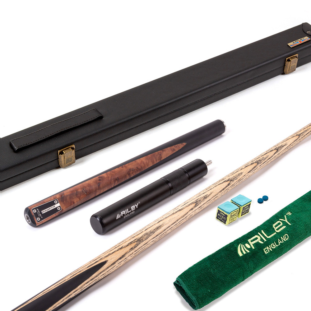 Riley Elegance - 3 Piece Snooker Cue and Hard Case 3/4 Cut- Ebony Butt- 9.5mm Laminated Tip - 145cm - Black/ Natural Golden Madrone Burl Front Splice