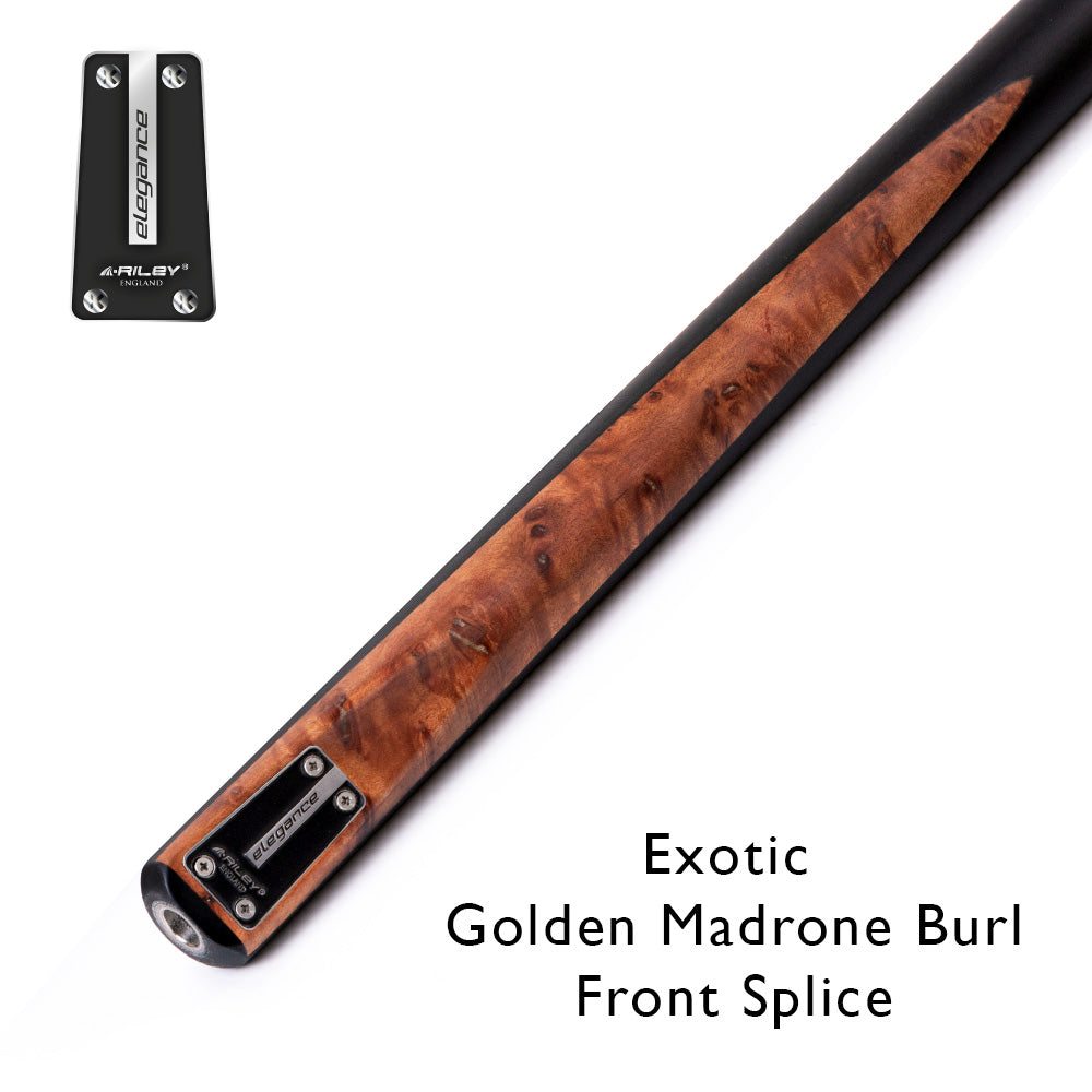 Riley Elegance - 3 Piece Snooker Cue and Hard Case 3/4 Cut- Ebony Butt- 9.5mm Laminated Tip - 145cm - Black/ Natural Golden Madrone Burl Front Splice