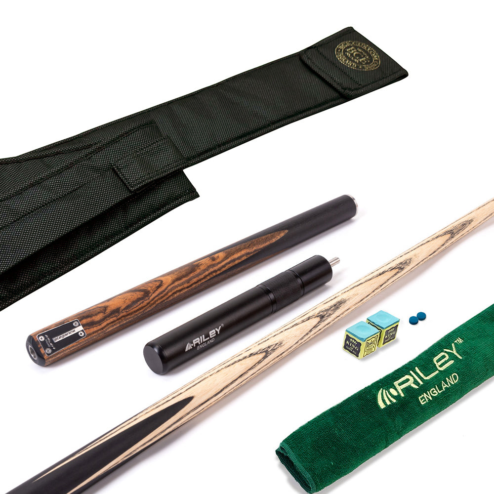 Riley Elegance - 3 Piece Snooker Cue - 3/4 Cut Cue - Layered Ebonised Black Wood Butt - 9.5mm Laminated Tip - 145cm - Black/ Natural Golden Sandal 360˚ Splicing