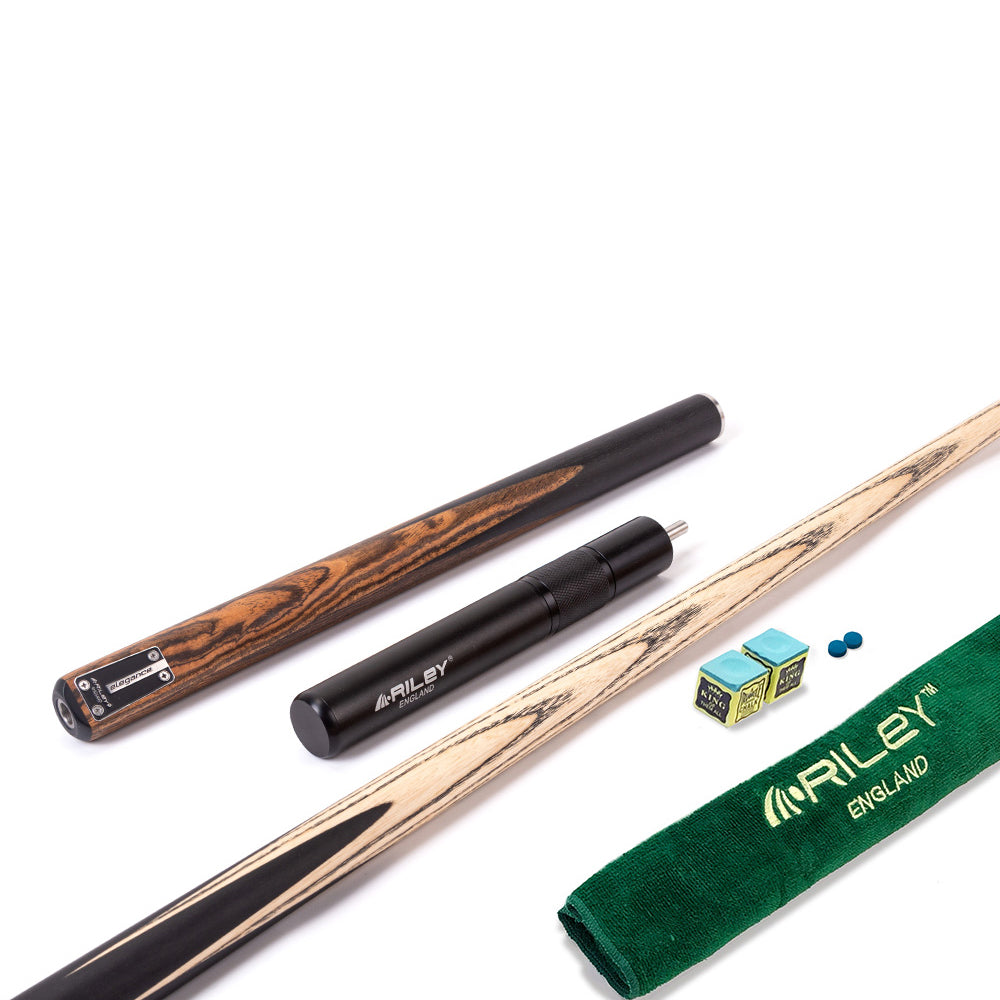 Riley Elegance - 3 Piece Snooker Cue - 3/4 Cut Cue - Layered Ebonised Black Wood Butt - 9.5mm Laminated Tip - 145cm - Black/ Natural Golden Sandal 360˚ Splicing