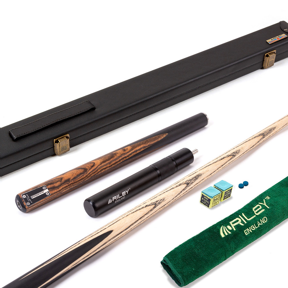 Riley Elegance - 3 Piece Snooker Cue - 3/4 Cut Cue - Layered Ebonised Black Wood Butt - 9.5mm Laminated Tip - 145cm - Black/ Natural Golden Sandal 360˚ Splicing