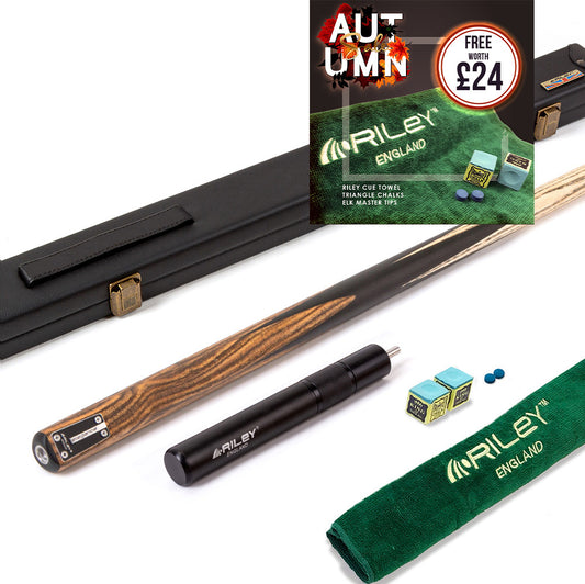 Riley Elegance - 1 Piece Snooker Cue and Hard Case - 1 Piece Cue - Ebony Butt- 9.5mm Laminated Tip - 145cm - Black/ Natural Golden Sandal 360˚ Splicing