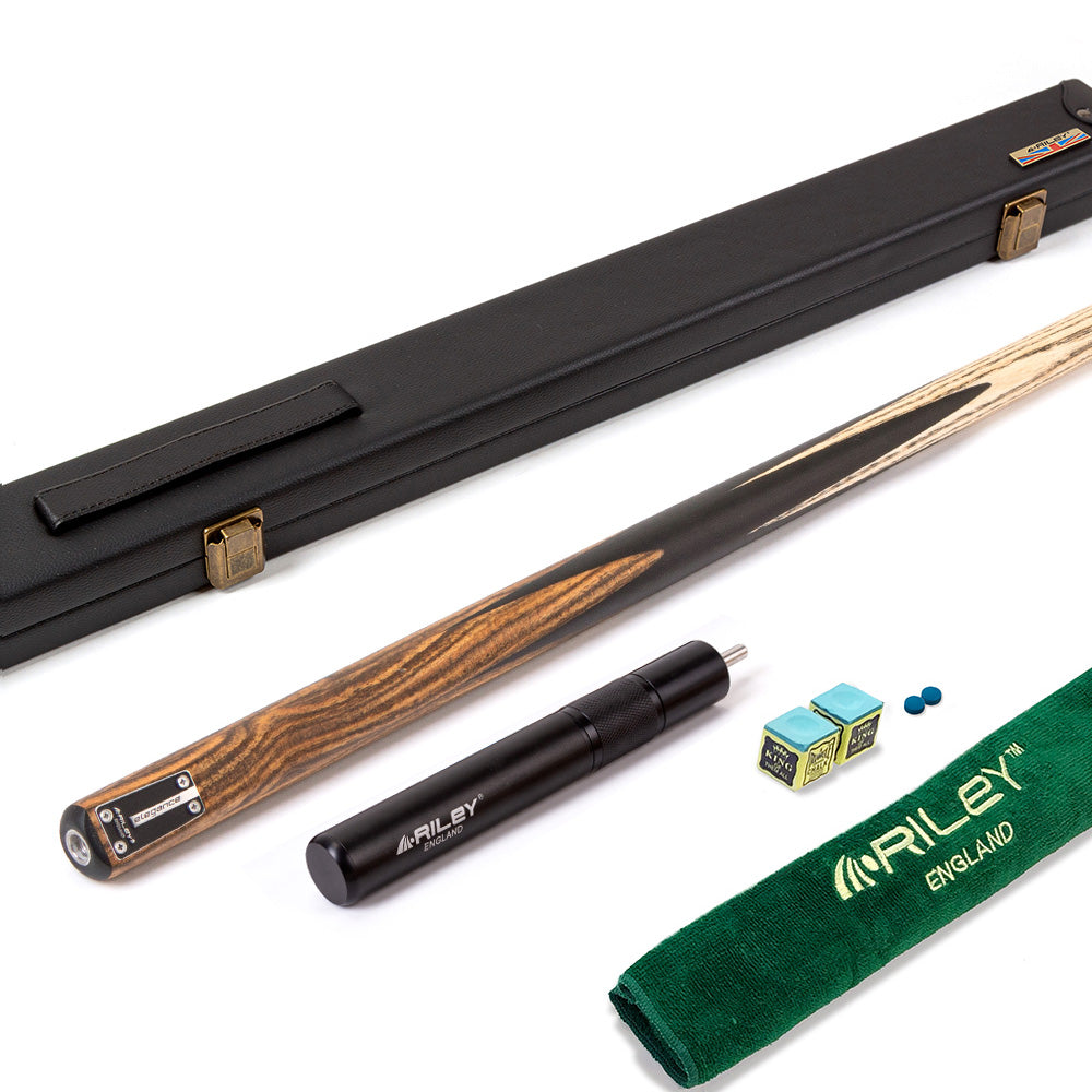 Riley Elegance - 1 Piece Snooker Cue and Hard Case - 1 Piece Cue - Ebony Butt- 9.5mm Laminated Tip - 145cm - Black/ Natural Golden Sandal 360˚ Splicing