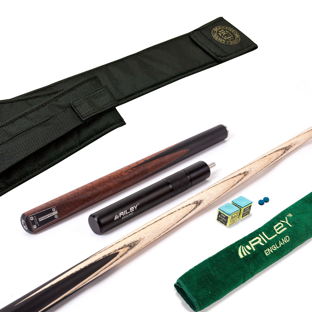 Riley Elegance - 3 Piece Snooker Cue - 3/4 Cut Cue - Layered Ebonised Black Wood Butt - 9.5mm Laminated Tip - 145cm - Black/ Natural Snake Wood 360˚ Splicing