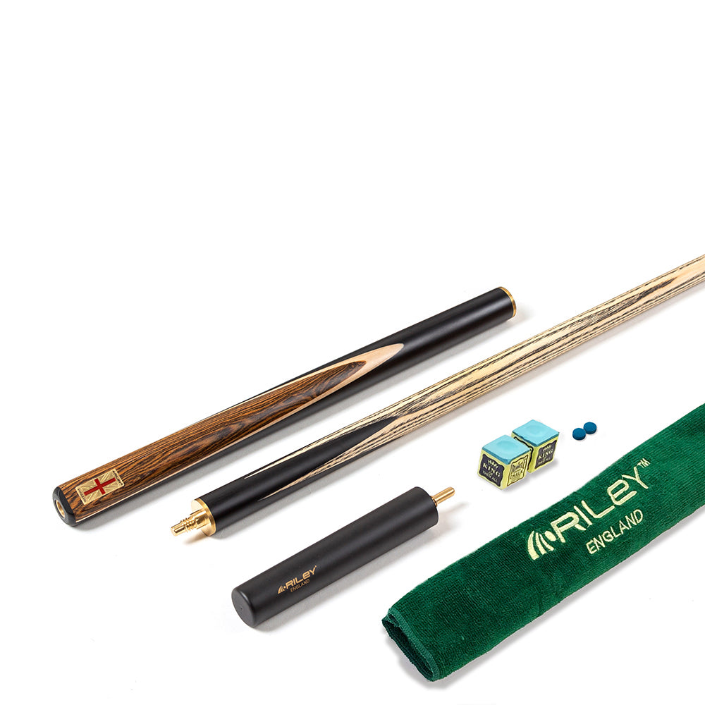 Riley England 3 Piece Snooker Cue - 3/4 Cut Cue - Layered Ebonised Black Wood Butt - 9.5mm Tip - 145cm - Black/ Dark Wood