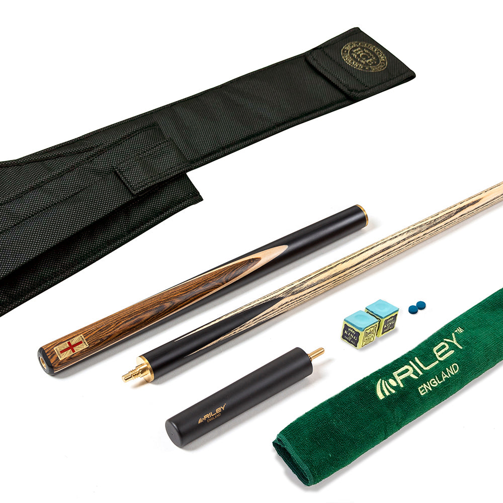 Riley England 3 Piece Snooker Cue - 3/4 Cut Cue - Layered Ebonised Black Wood Butt - 9.5mm Tip - 145cm - Black/ Dark Wood