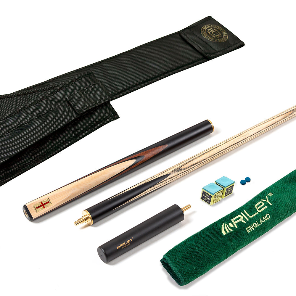 Riley England 3 Piece Snooker Cue - 3/4 Cut Cue - Layered Ebonised Black Wood Butt - 9.5mm Tip - 145cm - Black/ Maple Wood